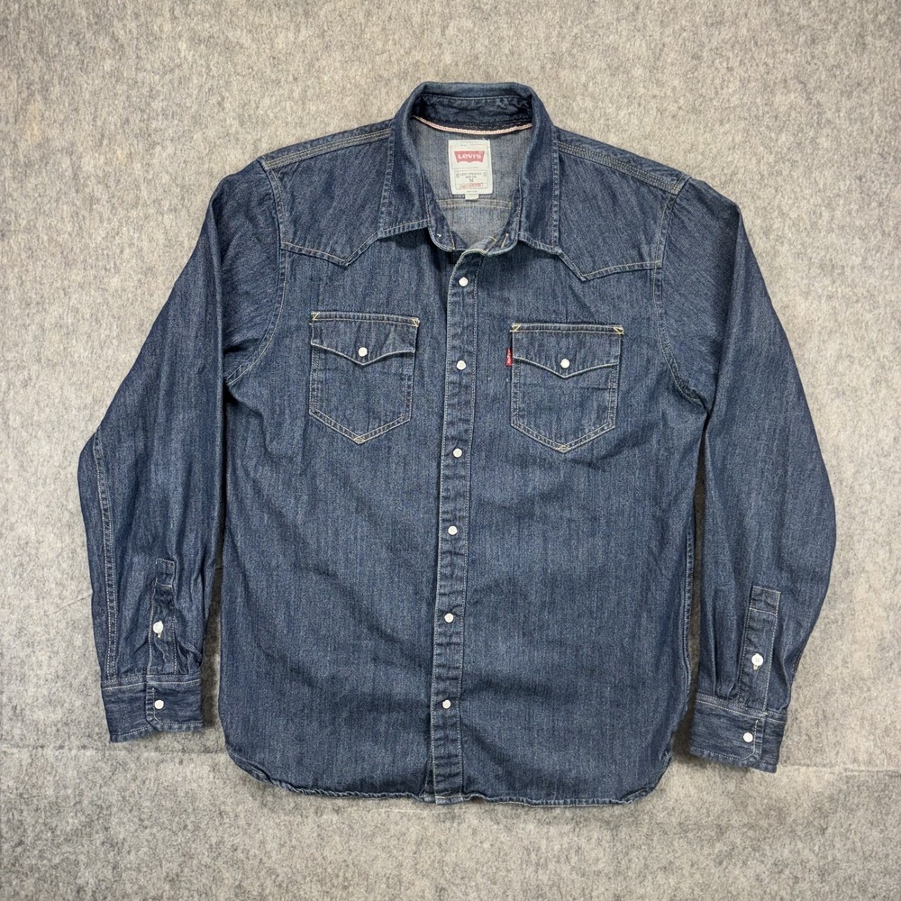 Levi's Pearlsnap Shirt Men's Medium Denim Sawtooth Western Blue Indigo Workwear